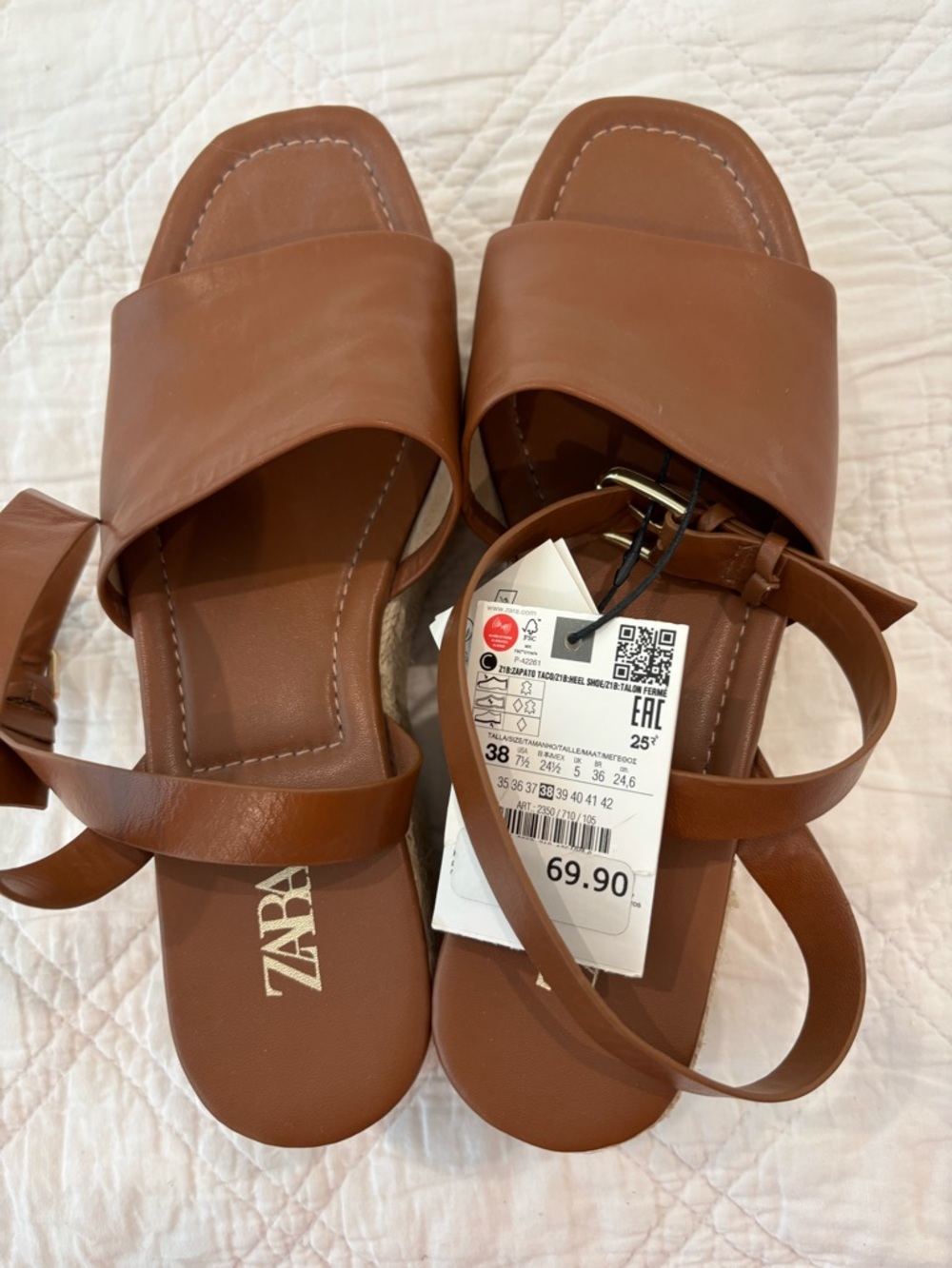 ZARA Tan Leather Espadrille Wedge Sandals